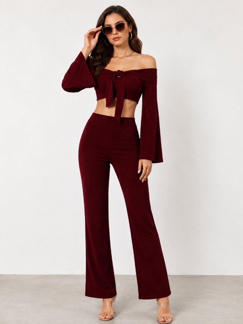 Burgundy Off Shoulder Bell Sleeve Crop Top Medium NWT